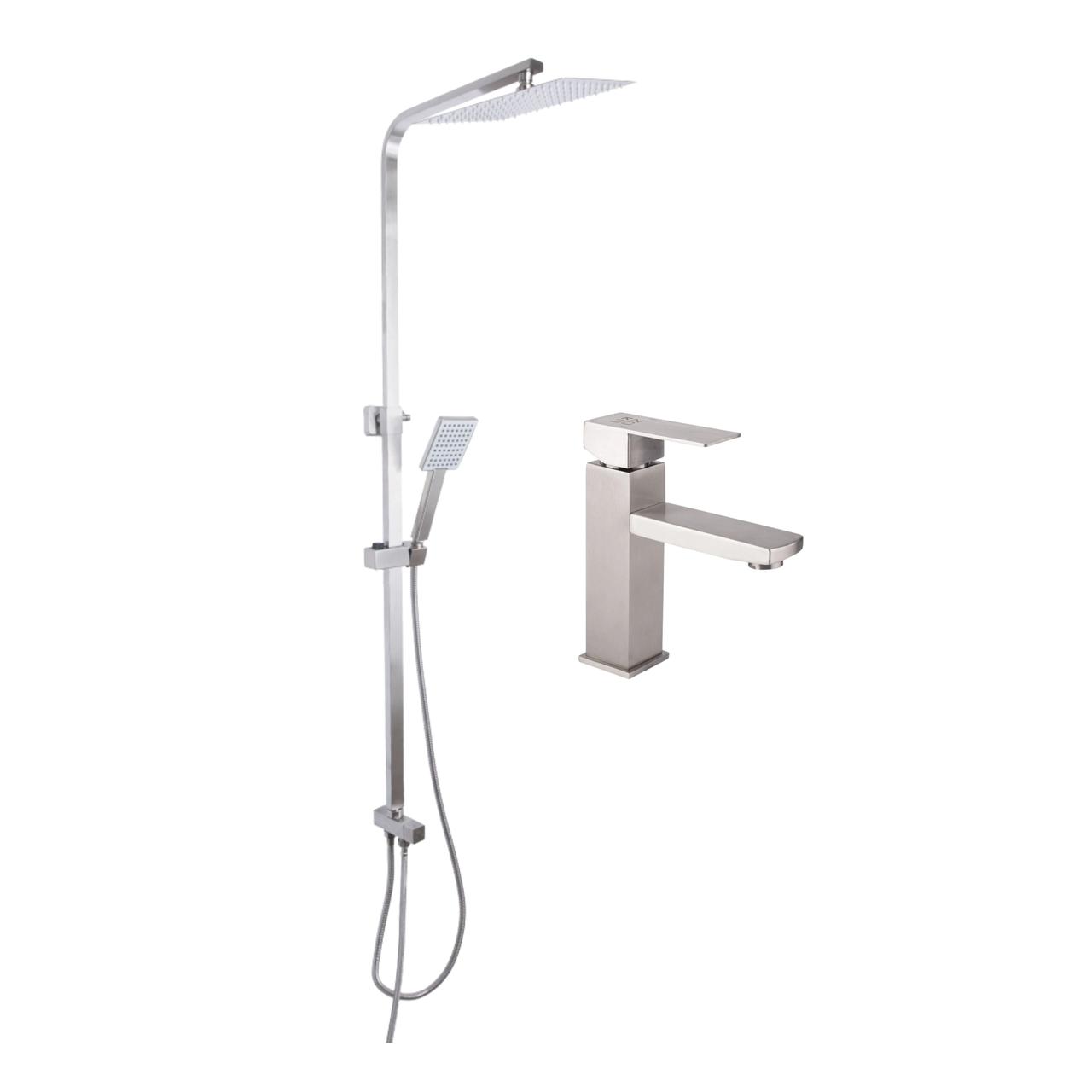 Акційний набір: Lidz Kubis 001F Змішувач для раковини (k35) Nickel + Lidz Kubis 1120 Душова стійка універсальна на два споживача