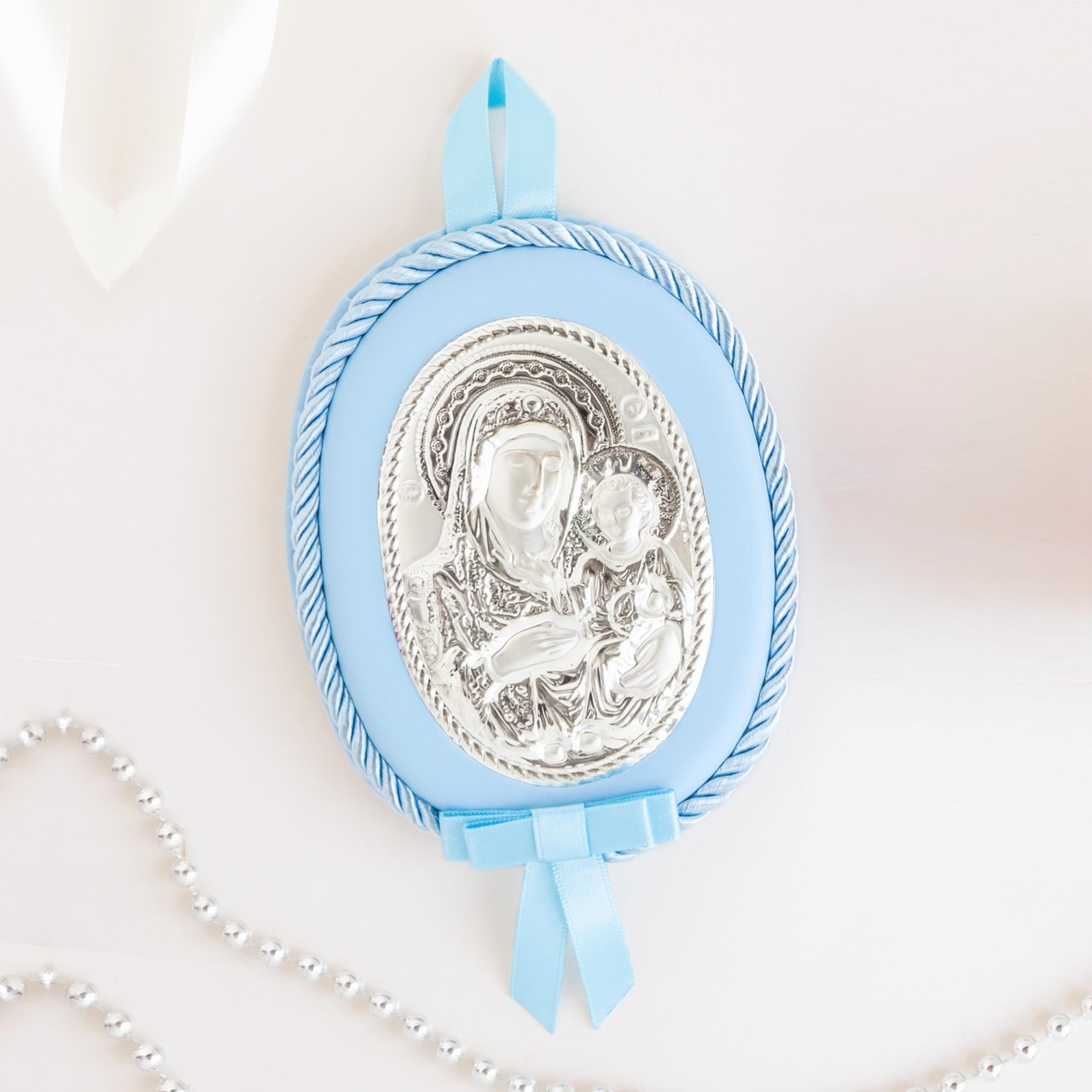 Ікона дитяча Богородиця Діва Марія з немовлям овал блакитна для хлопчика, фото 1