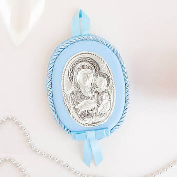 Ікона дитяча Богородиця Діва Марія з немовлям овал блакитна для хлопчика