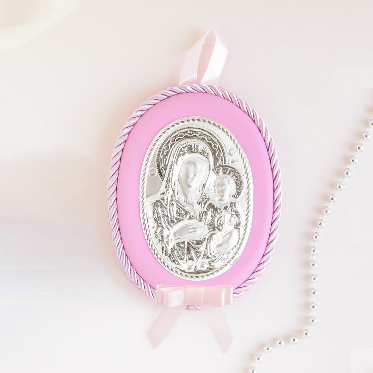 Ікона дитяча Богородиця Діва Марія з немовлям овал рожева для дівчинки, фото 1