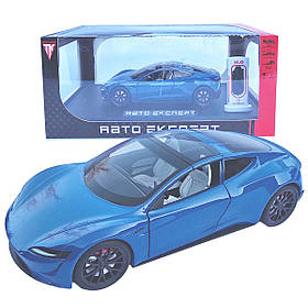 Машинка матал Tesla Roadster Тесла синя електро зарядка 1:24 звук світло 17*6,5*4,5см (RS-03612)