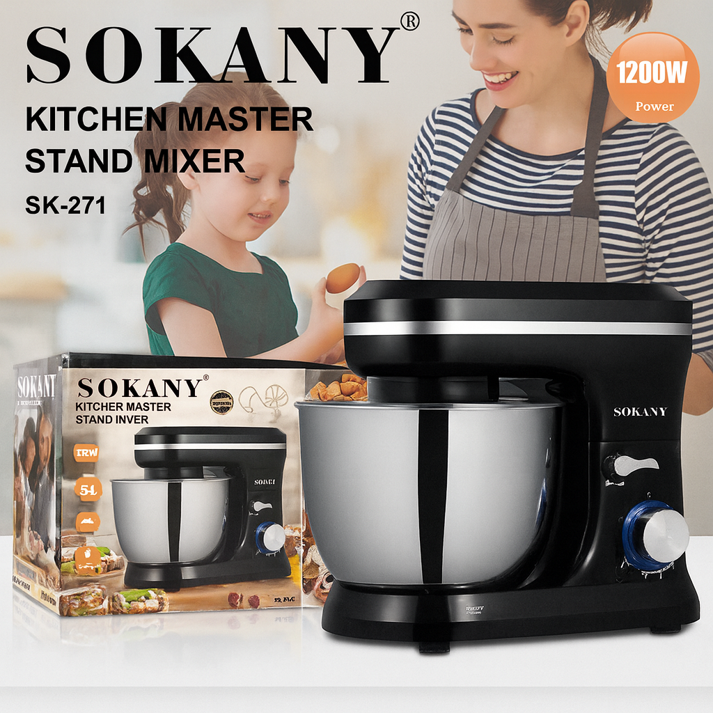 Міксер планетарний Sokany SK-271, 1200 Вт, чаша 5 л, тістоміс з насадками, фото 1