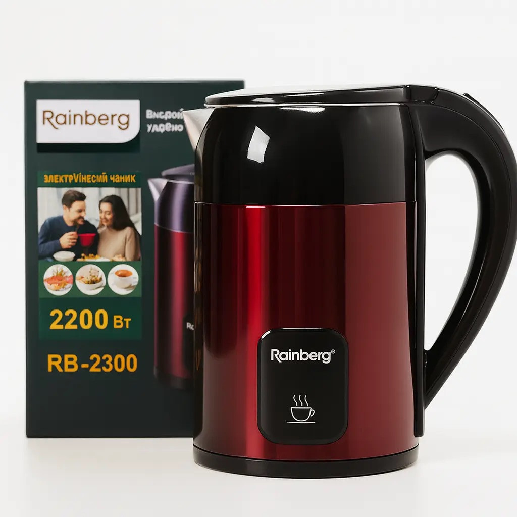 Електрочайник із неіржавкої сталі Rainberg RB-2300 Дисковий електро чайник побутовий 1.8 л для гарячих напоїв Червоний, фото 1
