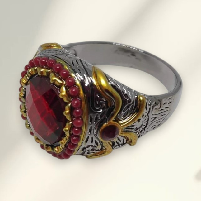 Каблучка чорна чоловіча печатка турецький стиль з червоним кристалом ювелірне скло золотисті візерунки 19.5 розмір IgnisFlos456, фото 1
