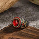 Каблучка чорна чоловіча печатка турецький стиль з червоним кристалом ювелірне скло золотисті візерунки 19.5 розмір IgnisFlos456, фото 2
