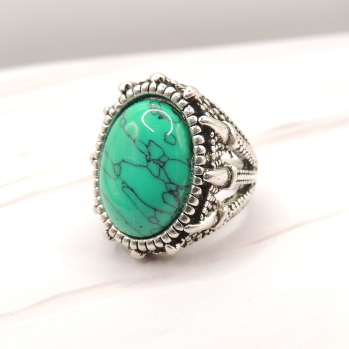 Перстень сріблястий чоловічий лапа дракона з великим зеленим каменем бірюза 19 розмір IgnisFlos234, фото 1