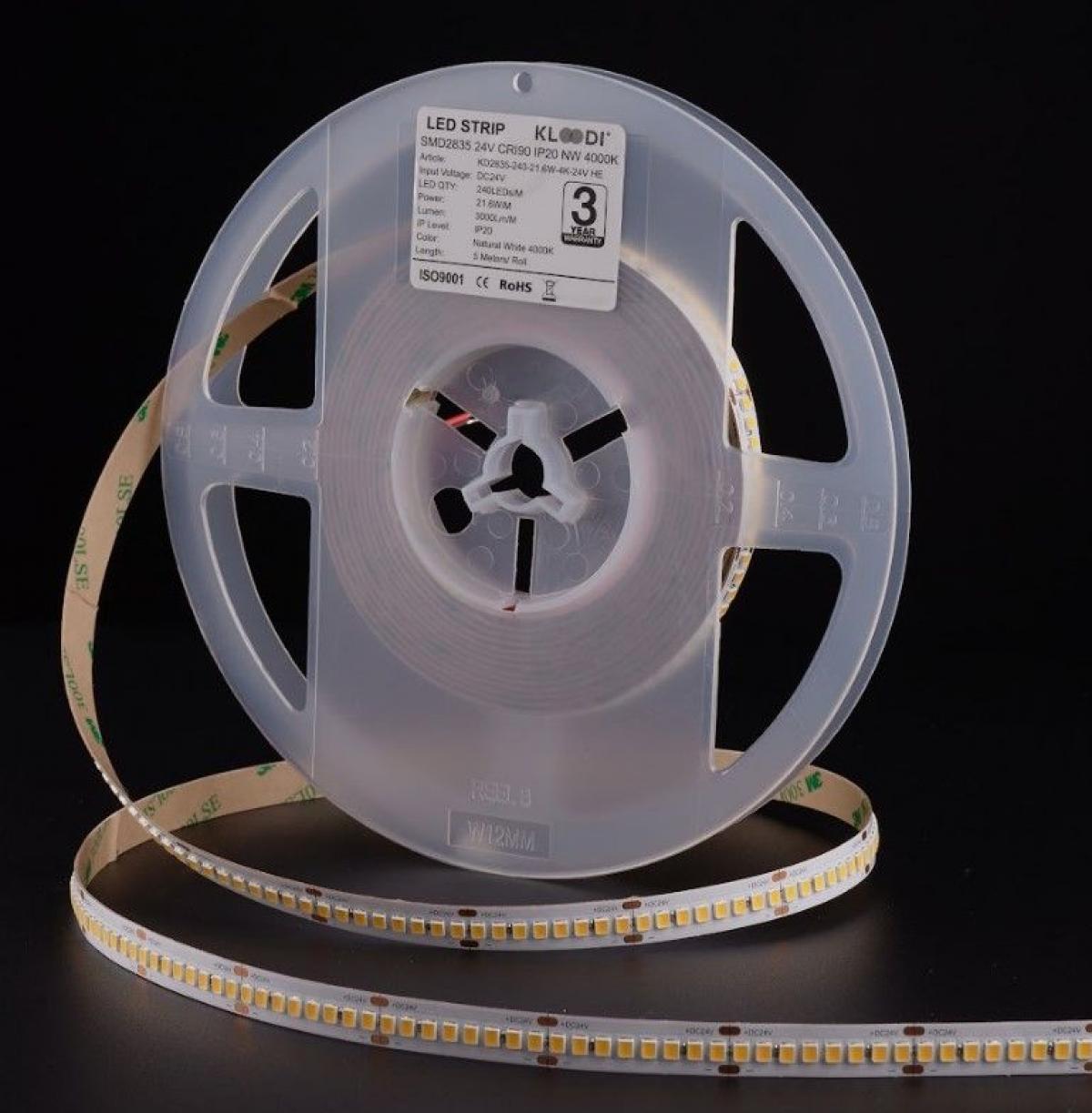 LED Стрічка 21,6W 240LED 4000К 3000LМ IP20 24V KLOODI KD2835-240-21.6W-4К-24V HE, фото 1