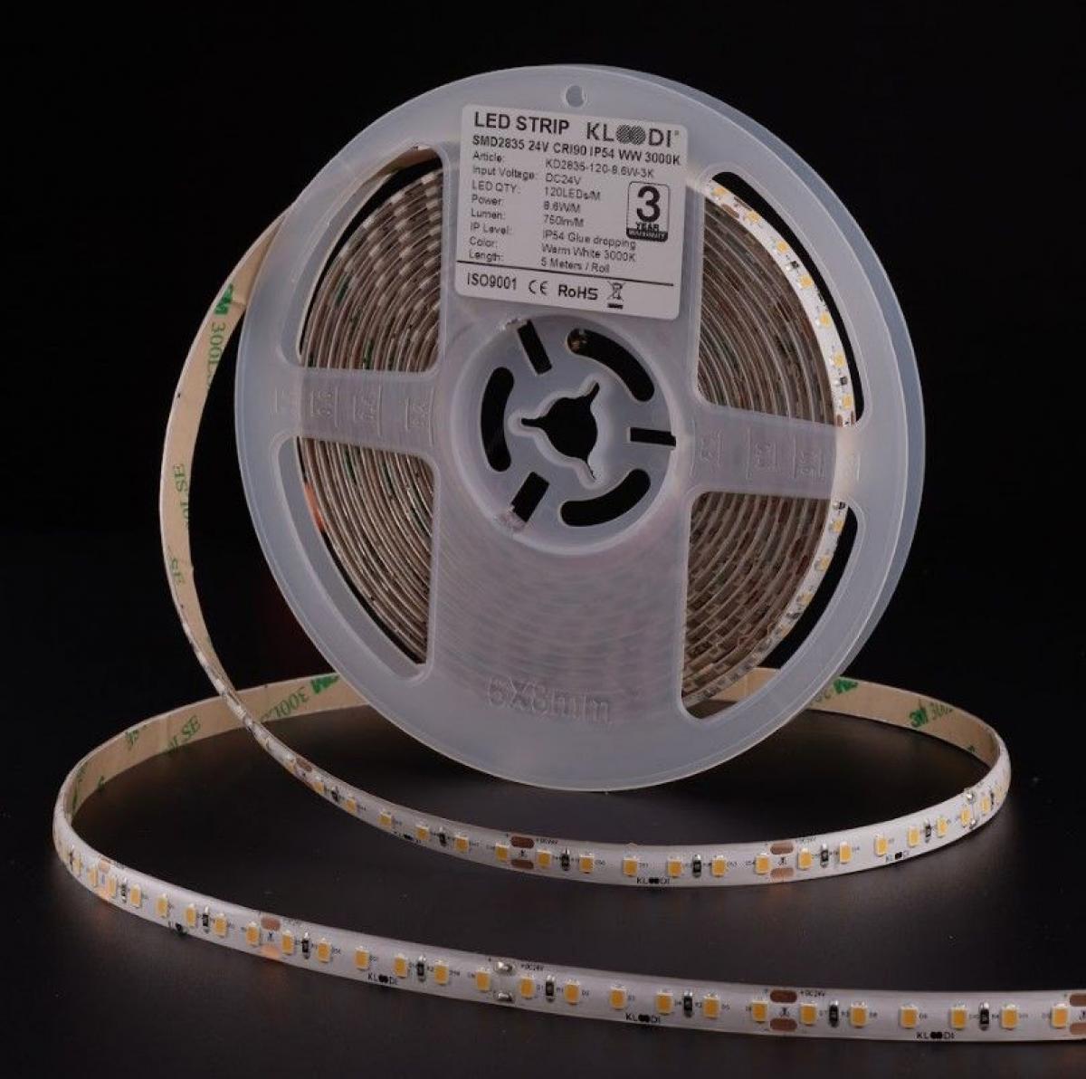 LED Стрічка 8,6W 120LED 3000K 810LM RA90 24V IP54 KLOODI KD2835-120-8.6W-3К-24V IP54, фото 1