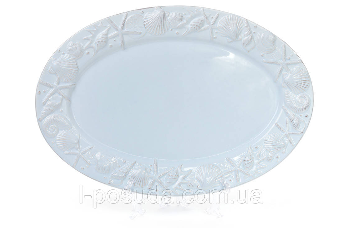Блюдо керамічне овальне 40 см світло-блакитне Морські мотиви, фото 1