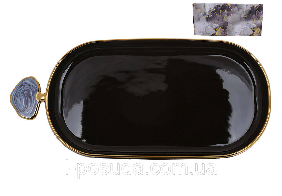 Блюдо овальне порцелянове чорного кольору Gold Line 30,5 см, фото 1