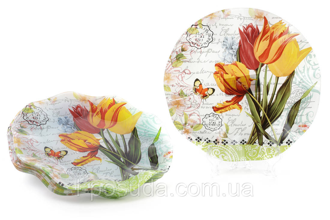 Тарілка скляна 25 см Букет тюльпанів, фото 1