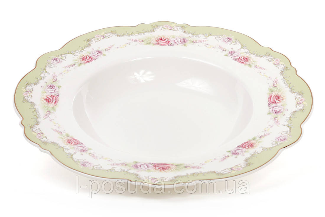 Тарілка столова м'ята порцелянова 23 см із золотою окантовкою набір 6 шт набір, фото 1