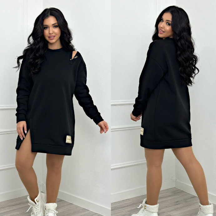 Тепла жіноча сукня міні туніка на флісі великих розмірів спортивна коротка з розрізом на плечі, фото 1