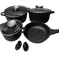 Набір кухонного посуду Bellmax BM-120 із гранітним антипригарним покриттям, 9 предметів, Чорний