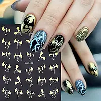 Наклейки для нігтів 3D Дракон золоті, срібні та голографічні, 3 листи