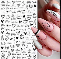 Назва товару: Стікери для нігтів з написами і сердечками, чорні, 1 лист