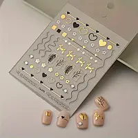 3D наклейки для нігтів золото чорні | сердечка, квіти, лінії, собачки