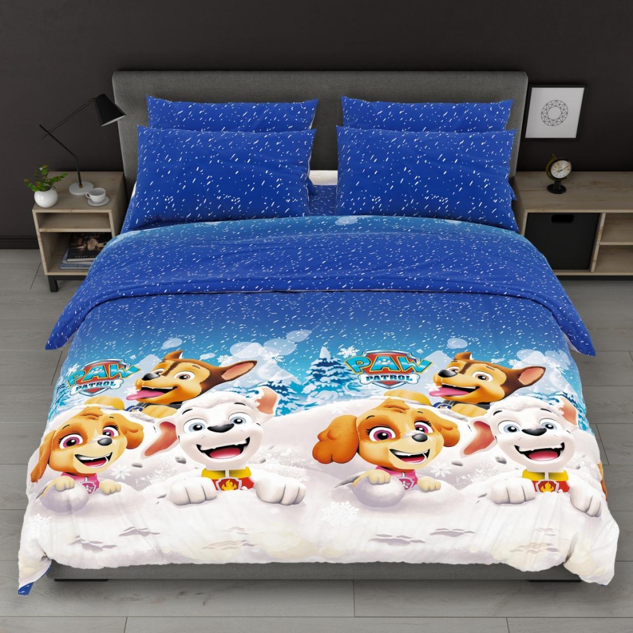 Постільна білизна Королева Ночі (Бязь) | Полуторний комплект | 50х70 | Новорічний щенячий патруль на синьому, фото 1