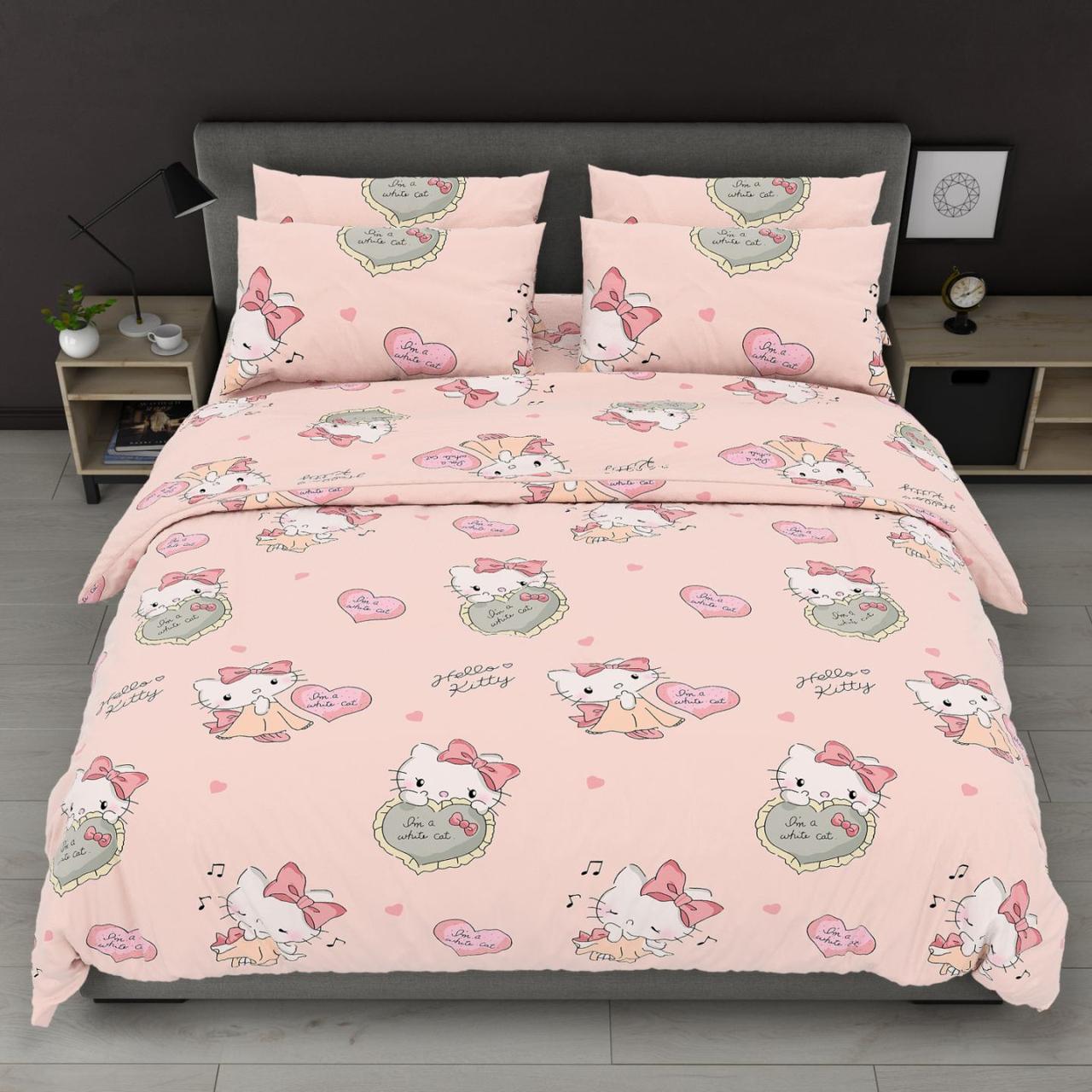 Постільна білизна Королева Ночі (Бязь) | Полуторний комплект | 50х70 | Hello Kitty на персиковому, фото 1