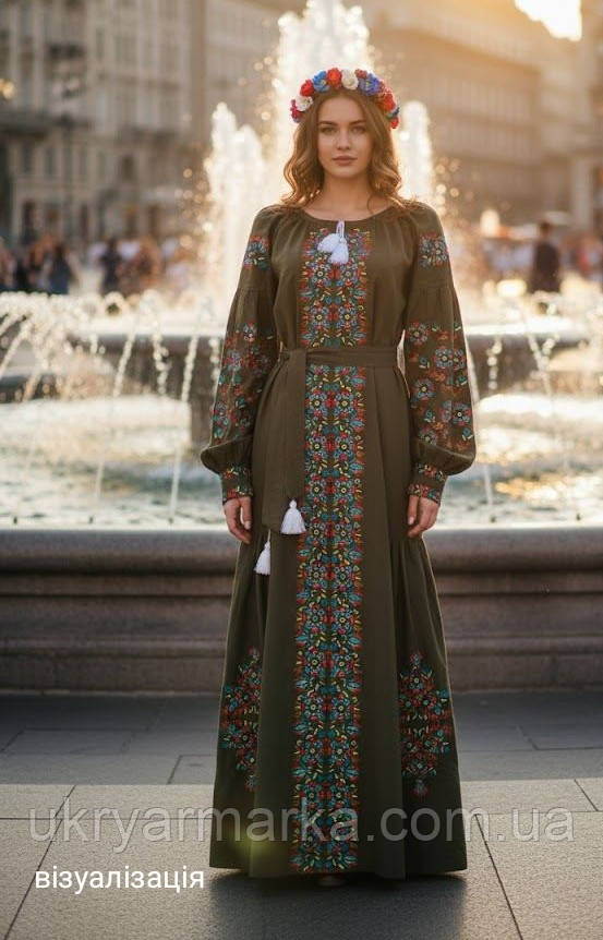 Довга сукня хакі з барвистою вишивкою квітами  "Лісова мрія"