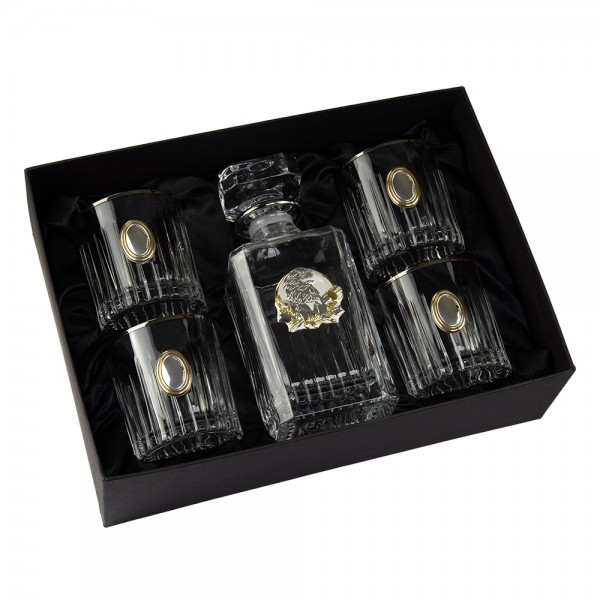 Подарунковий набір "Генеральський" кришталевий графін та 4 келихи з декоративними накладками золото, срібло від бренду Crystal, фото 1
