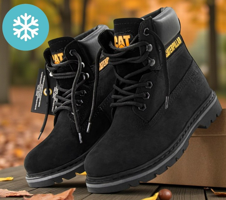 Зимові жіночі черевики Caterpillar з хутром чорні. Живе фото, фото 1