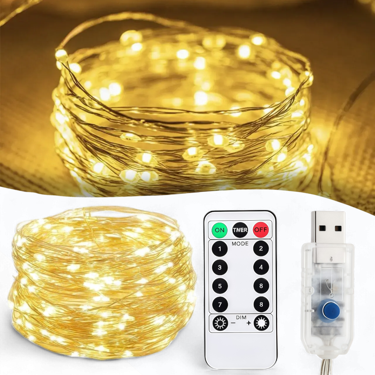 USB Гірлянда "Роса" 20 метрів 200 LED 8 режимів світіння Тепле біле світло, фото 1