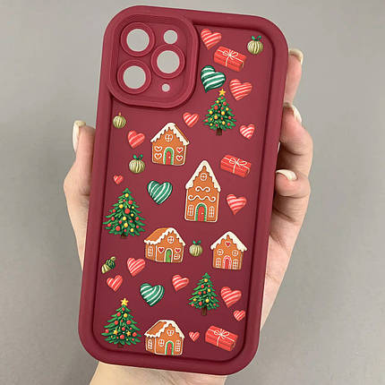 Чохол для iPhone 11 Pro бордовий чохол із зимовим з новорічним принтом із ялинкою із серцями на телефон айфон 11 про w02l, фото 1