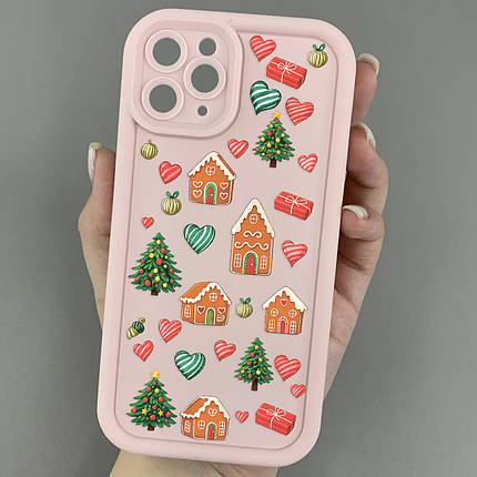 Чохол для iPhone 11 Pro рожевий чохол із зимовим з новорічним принтом із ялинкою із серцями на телефон айфон 11 про w02l, фото 1