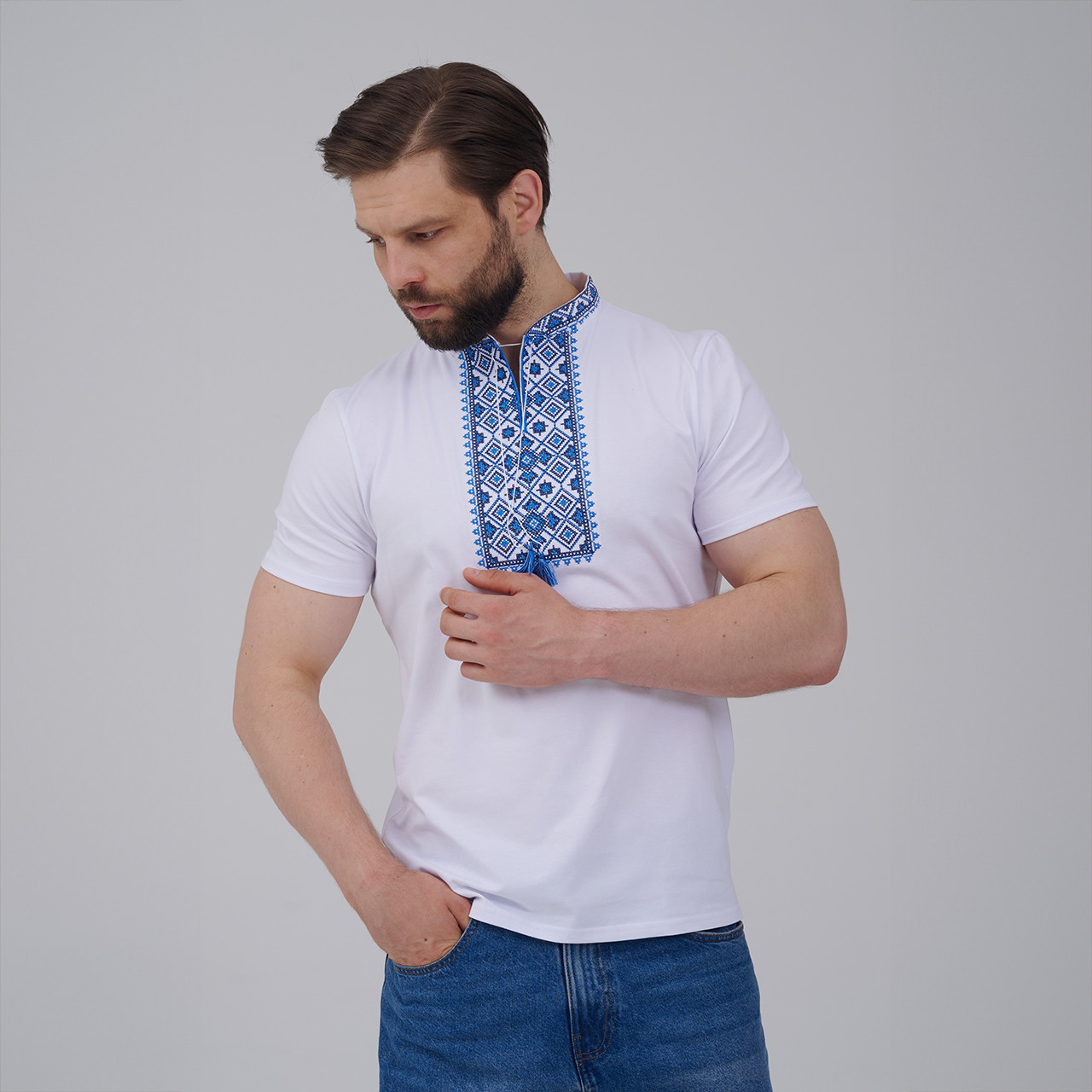 Молодіжна футболка для чоловіка в етно стилі «Зоряне сяйво (синя вишивка)» XL, фото 1