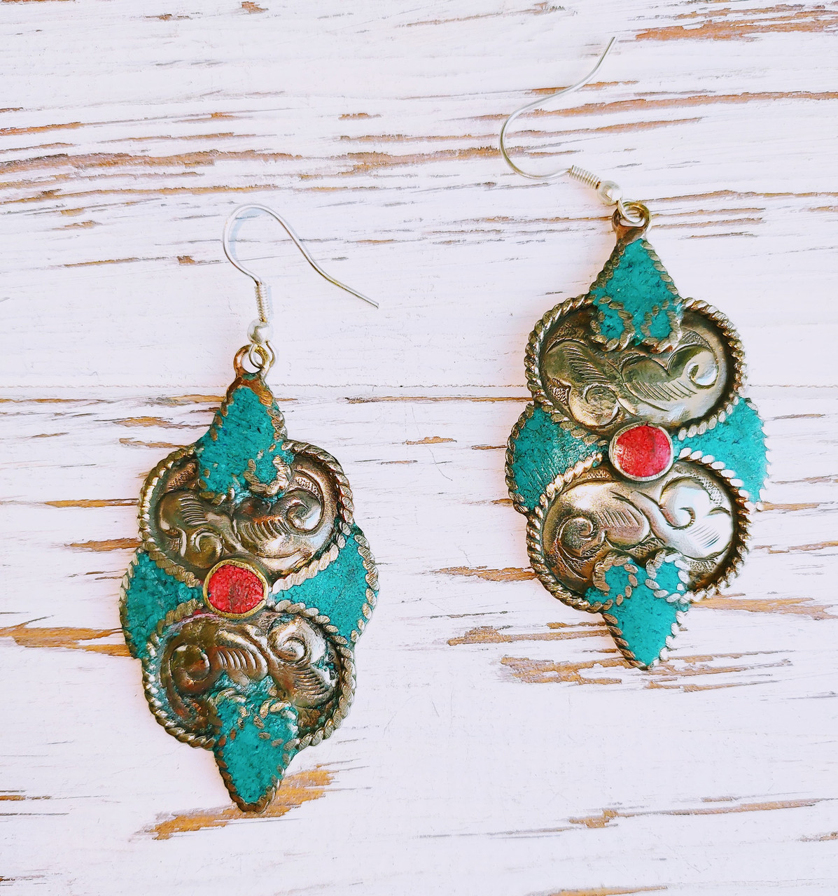 Непальські сережки етнічні з бірюзою і коралом в стилі бохо, фото 1