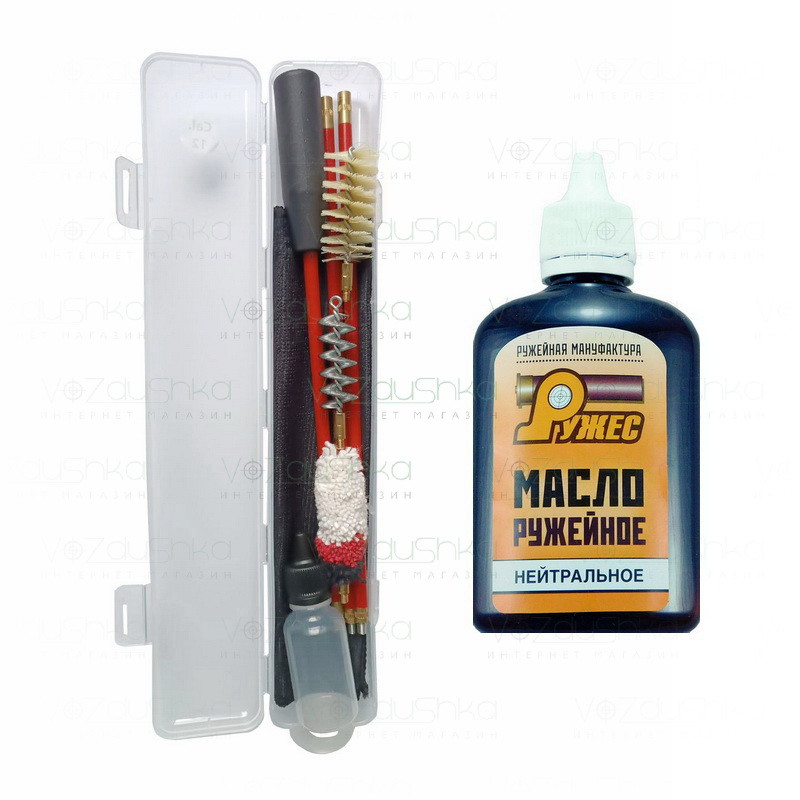Комплект з набору для чищення 12 калібру (шомпол у оплетці 3 йоржа) + нейтральне мастило Ружес 115 мл