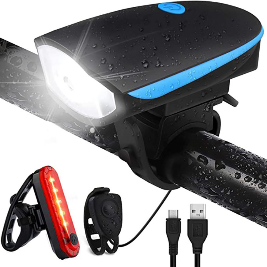 Комплект велосипедних ліхтарів з USB-зарядкою — переднє біле та заднє червоне світло 5 LED з кріпленнями та сигналом
