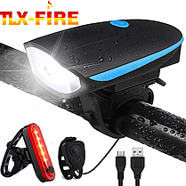 Комплект велосипедних ліхтарів з USB-зарядкою — переднє біле та заднє червоне світло 5 LED з кріпленнями та сигналом, фото 2