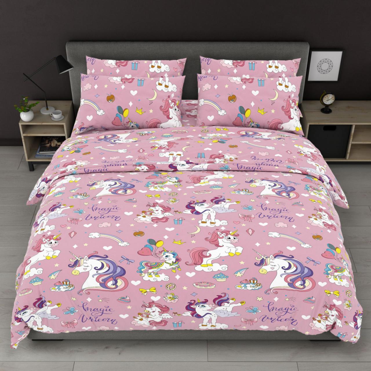 Простирадло 150х220 (Бязь) | Полуторне простирадло від виробника "Королева Ночі" | Однороги на рожевому, фото 1