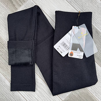 Лосини жіночі термо безшовні бавовна рубчик на хутрі Ластівка, розмір 42-48, чорні, 516-1