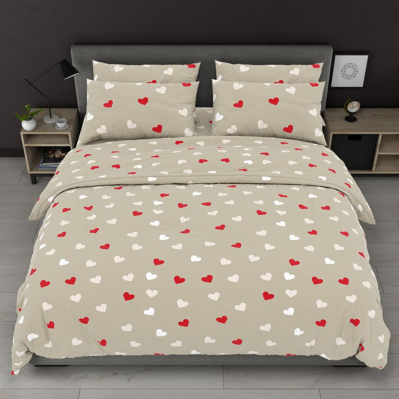 Постільна білизна Королева Ночі (Бязь) | Полуторний комплект | 50х70 | Серця на бежевому, фото 1
