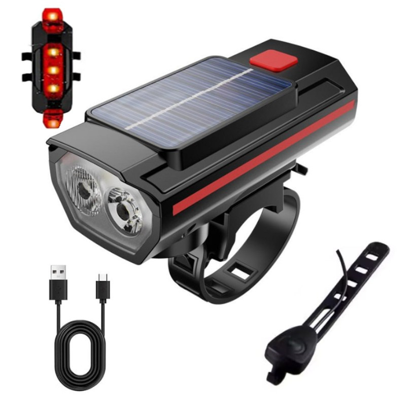 Комплект велосипедних ліхтарів з USB-зарядкою та сонячною панелью — переднє біле та заднє червоне світло 5 LED з кріпленнями