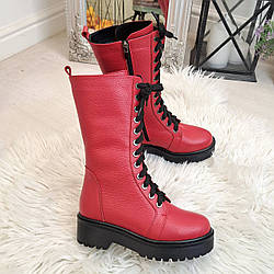 Черевики високі червоні жіночі на шнурівці. Натуральна шкіра флотар