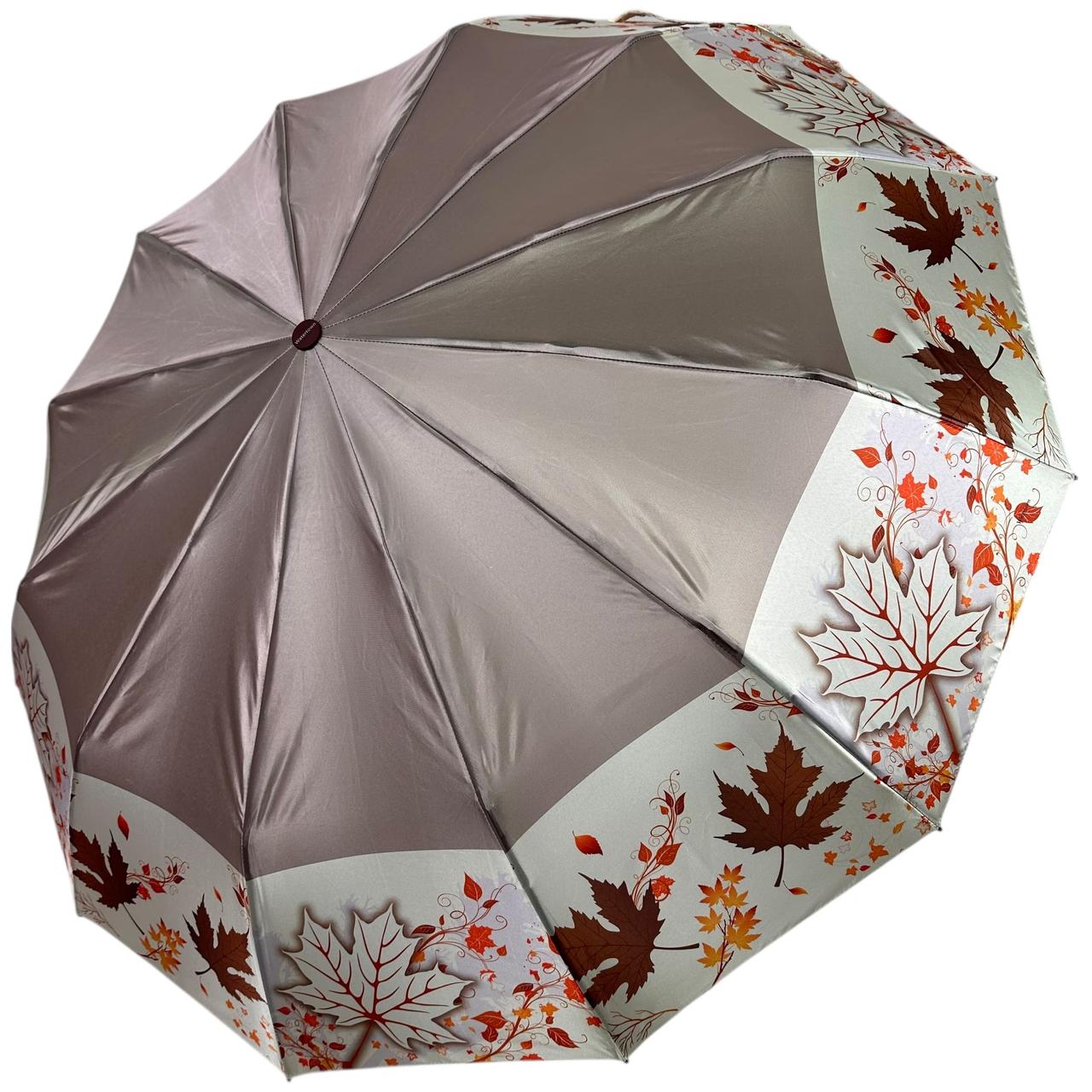Жіноча парасоля автомат на 12+4+2 сегментних карбонових спиць сатиновий купол з принтом від Water Town, бордова ручка, WT 0210-1