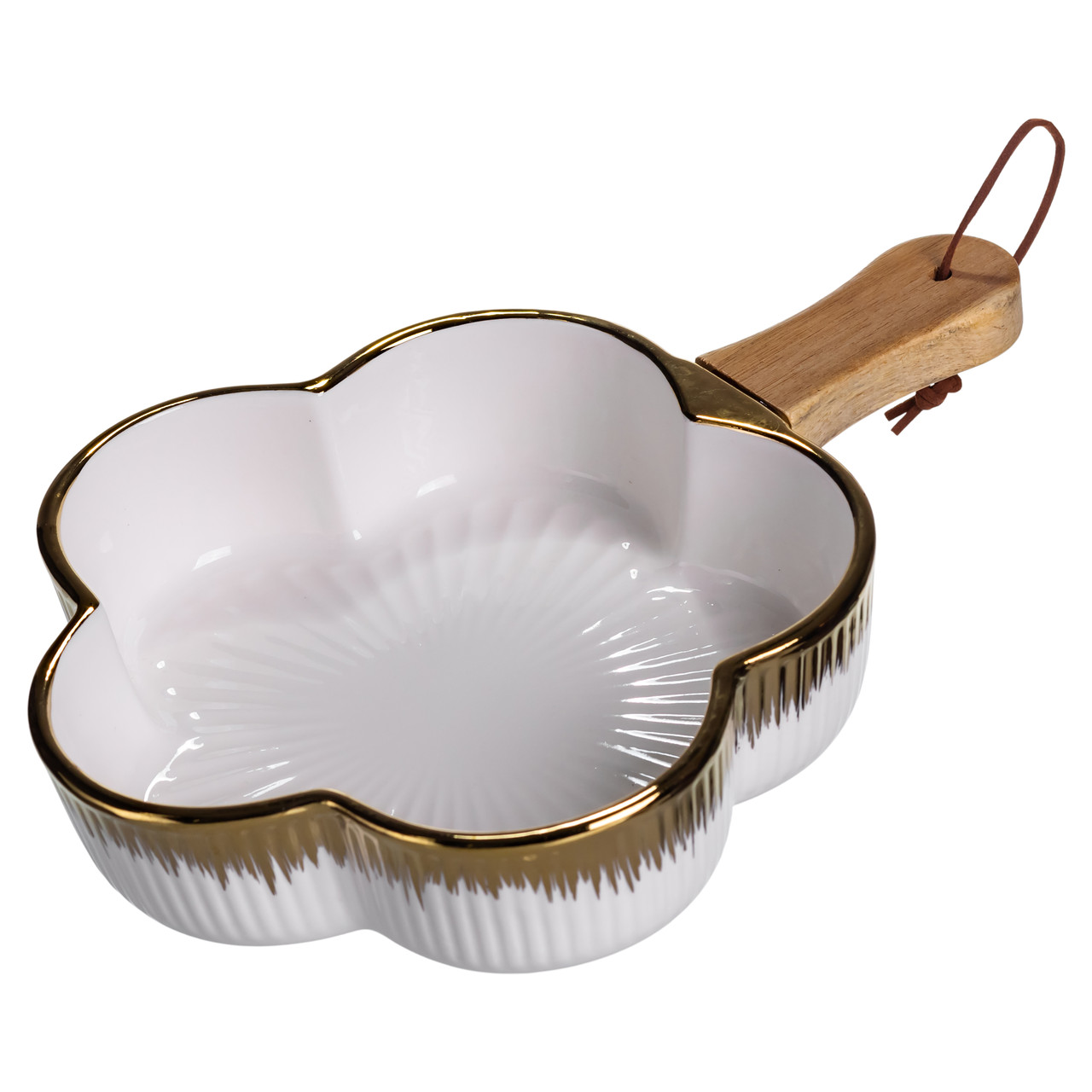 Тарілка порцелянова глибока з ручкою Квітка 27×20×5 (см) блюдо сервірувальне з ручкою для подачі тарілка сковорода Золото, фото 1