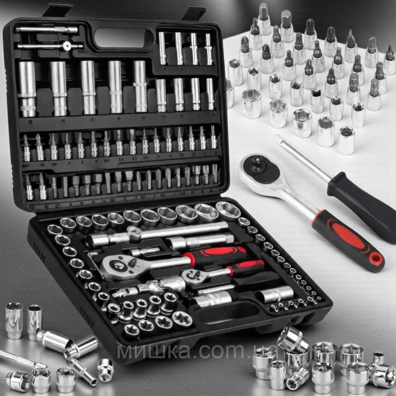 Професійний набір інструментів на 108 із двома тріскачками у зручному пластиковому кейсі, фото 1