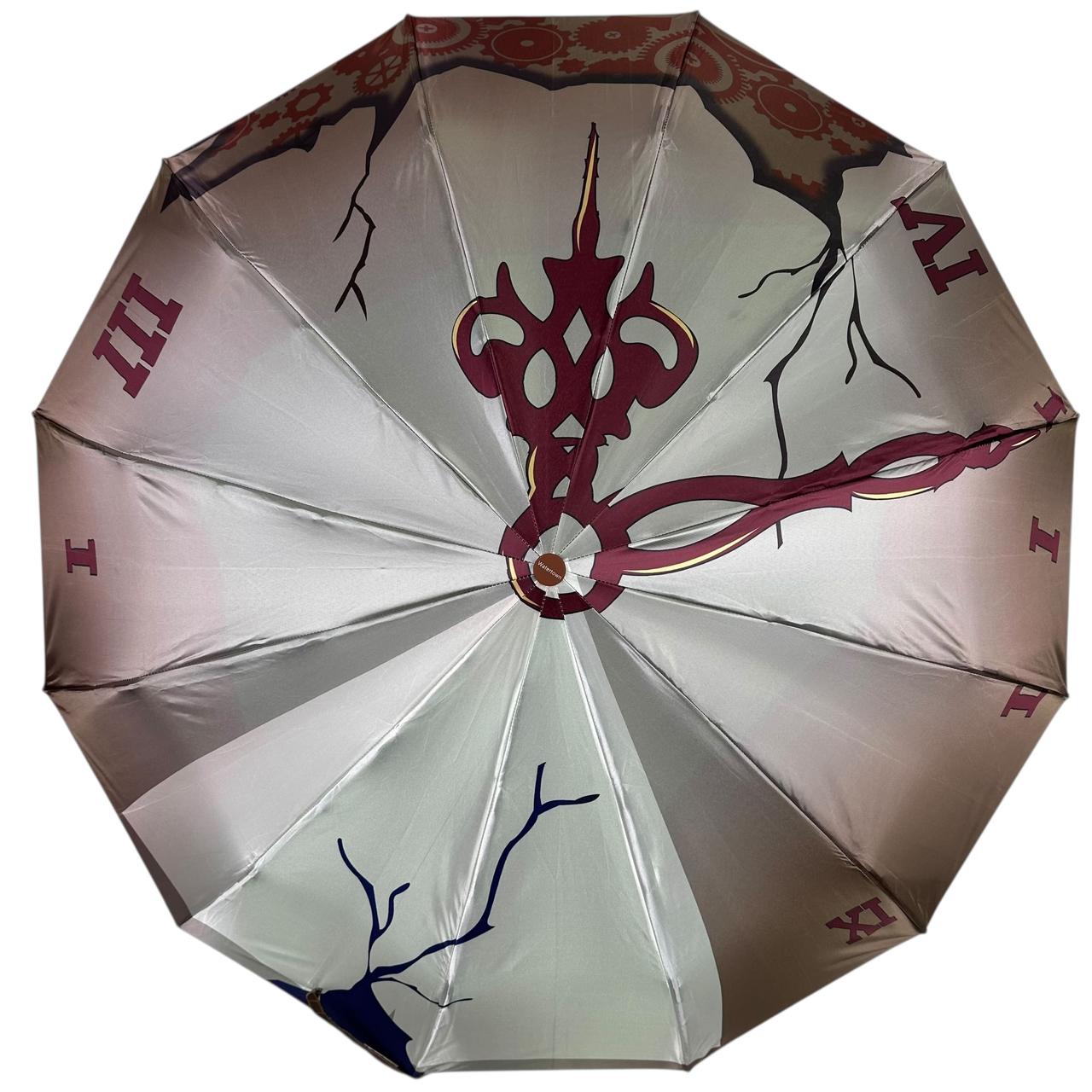 Жіноча парасоля автомат на 12+4+2 сегментних карбонових спиць сатиновий купол з принтом від Water Town, ручка коричнева, WT 0210-2