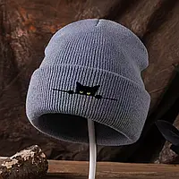 Шапка модна з котиком бежева Шапка з вишивкою Сіра