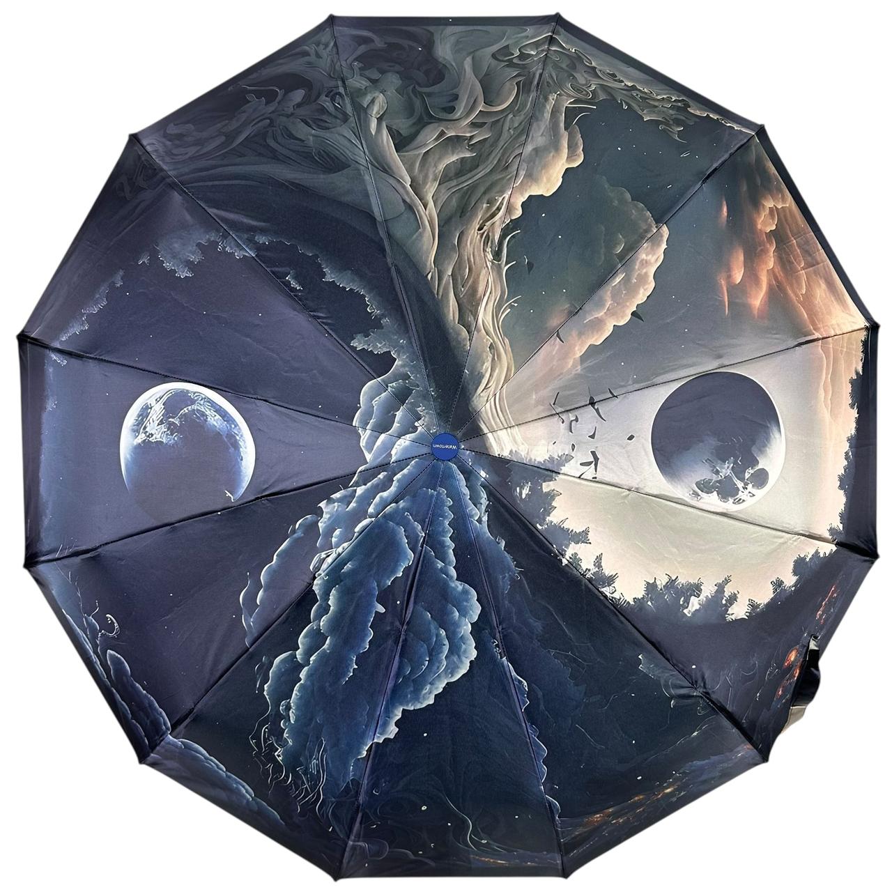Жіноча парасоля автомат на 12+4+2 сегментних карбонових спиць сатиновий купол з принтом від Water Town, ручка синя, WT 0210-3, фото 1