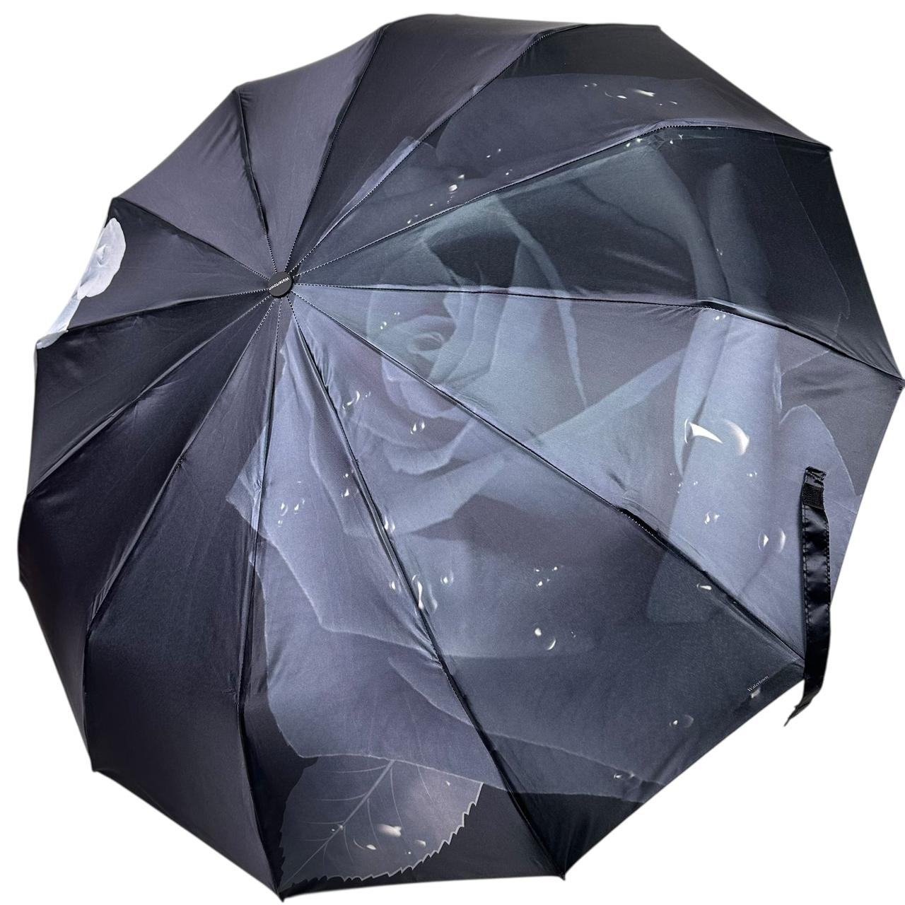 Жіноча парасоля автомат на 12+4+2 сегментних карбонових спиць сатиновий купол з принтом від Water Town, ручка чорна, WT 0210-5
