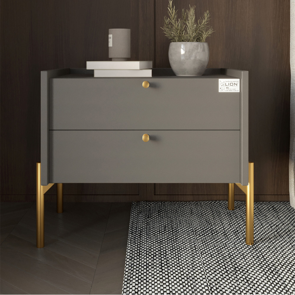 Тумба приліжкова LION Wood з двома шухлядами Антрацит (золоті ножки) (LION-041334) ТОП, фото 1