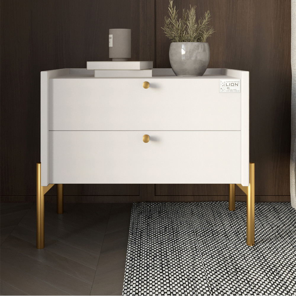 Тумба приліжкова LION Wood з двома шухлядами Німфея Альба (білий) (золоті ножки) (LION-041357) ТОП, фото 1
