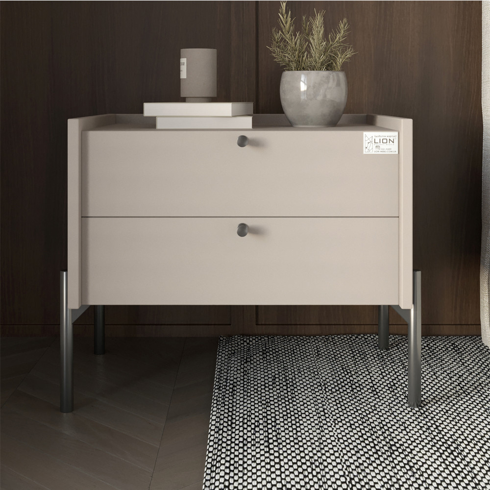 Тумба приліжкова LION Wood з двома шухлядами Кашемір (чорні ножки) (LION-041356) ТОП, фото 1