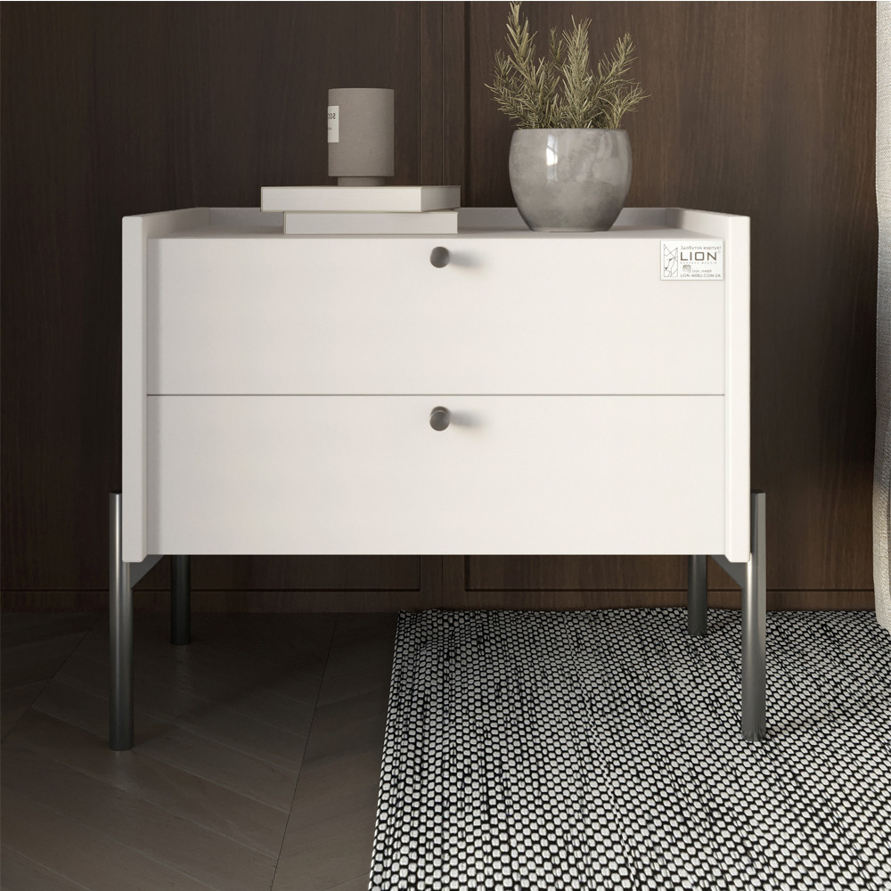 Тумба приліжкова LION Wood з двома шухлядами Німфея Альба (білий) (чорні ножки) (LION-041358) ТОП, фото 1